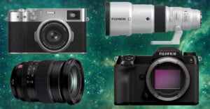 A collage showing a Fujifilm rangefinder camera, a zoom lens with "Fujinon" labeled, a wide-angle lens with an "XF" label, and a Fujifilm mirrorless camera body on a space-themed background.