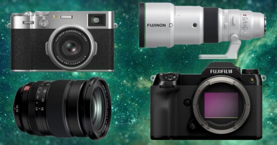 A collage showing a Fujifilm rangefinder camera, a zoom lens with "Fujinon" labeled, a wide-angle lens with an "XF" label, and a Fujifilm mirrorless camera body on a space-themed background.