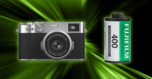 A retro-style camera next to a roll of Fujifilm 400 film, set against a dynamic green background.