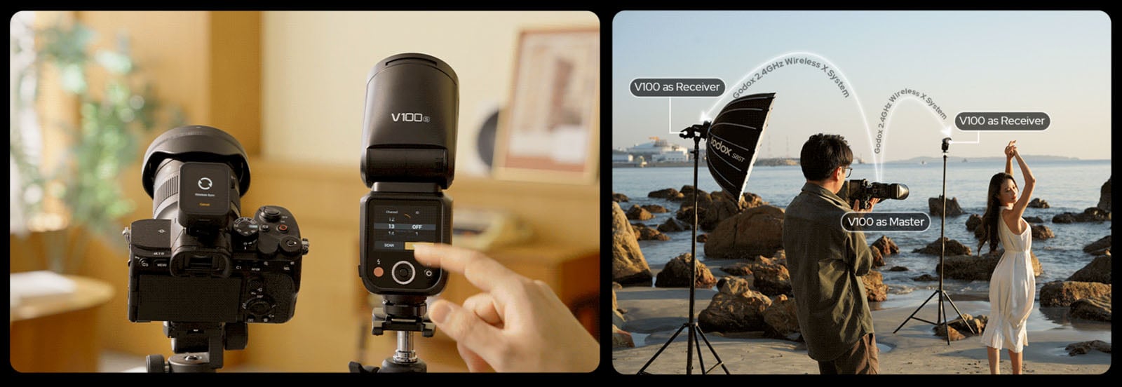 A camera setup showing Godox flash devices in use. On the left, a hand adjusts settings on a flash mounted to a camera. On the right, a photographer shoots a model by the sea, demonstrating flash units labeled "Master" and "Receiver.