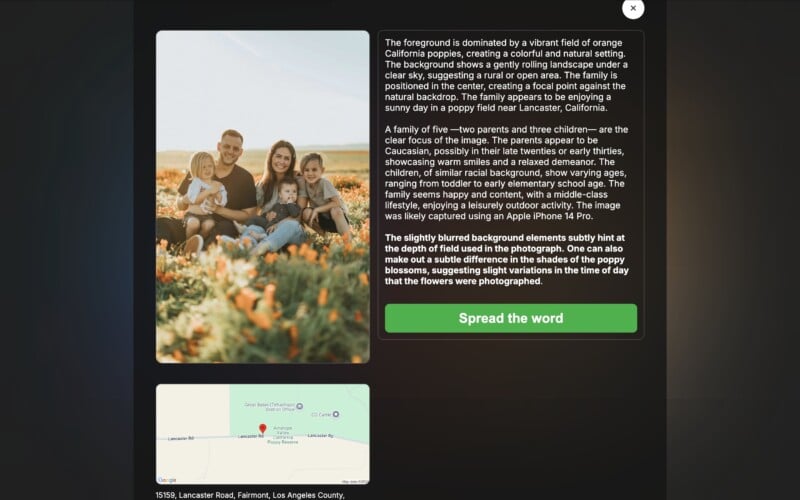 A family with young children sits on a blanket in a field of orange California poppies. They are smiling and enjoying the sunny day. Text on the image describes the scene and mentions locations. A "Spread the word" button and a map are visible below.