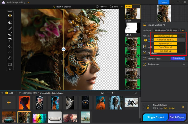 A digital art editing software interface is displayed, featuring a split-screen view of an elaborately costumed person with a feathered headdress. Various editing tools and filter options are visible on the right side of the screen.