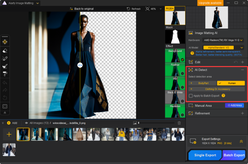 A fashion model walks down a runway wearing a sleeveless long dress with a deep neckline. The dress features dark and metallic blue panels. The background shows editing tools and software interface for image editing.