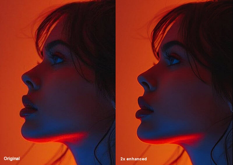 A side profile of a woman's face in moody red and blue lighting. The left image is labeled "Original," while the right is labeled "2x enhanced," showing a sharper version of the original.