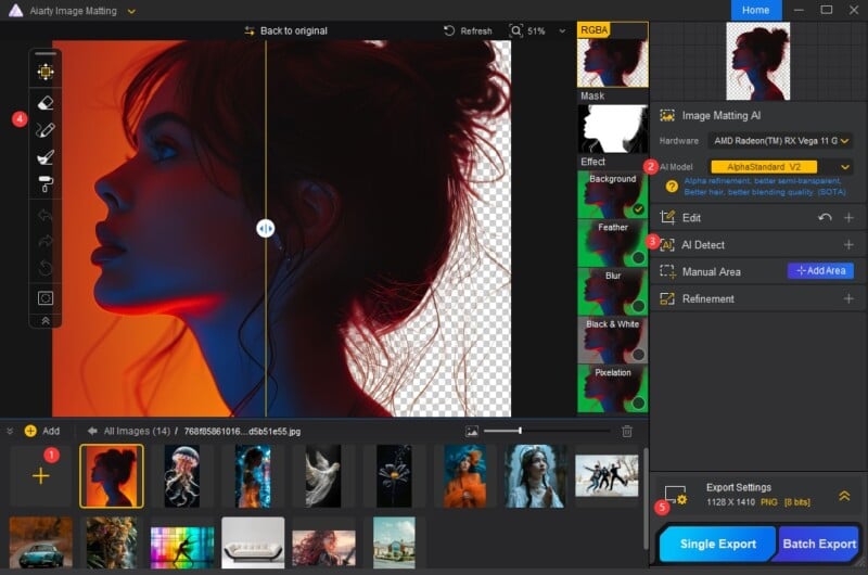 A photo editing software interface showing a split-screen effect on a portrait of a woman. The left side features red lighting, and the right side is blue. Various editing tools and options are displayed around the image.