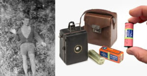 A black-and-white image on the left shows a person wearing shorts and a long-sleeved shirt. On the right, vintage camera equipment includes a box camera, leather case, film rolls, and a hand holding a small film canister.