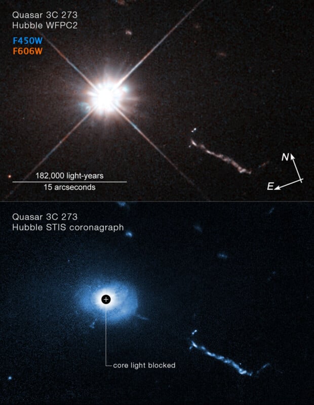 Two images of Quasar 3C 273 from Hubble. The top shows a bright star-like quasar with a visible jet, labeled in F450W and F606W filters. The bottom, a STIS coronagraph image, shows the quasar with its core light blocked, highlighting the surrounding jet.