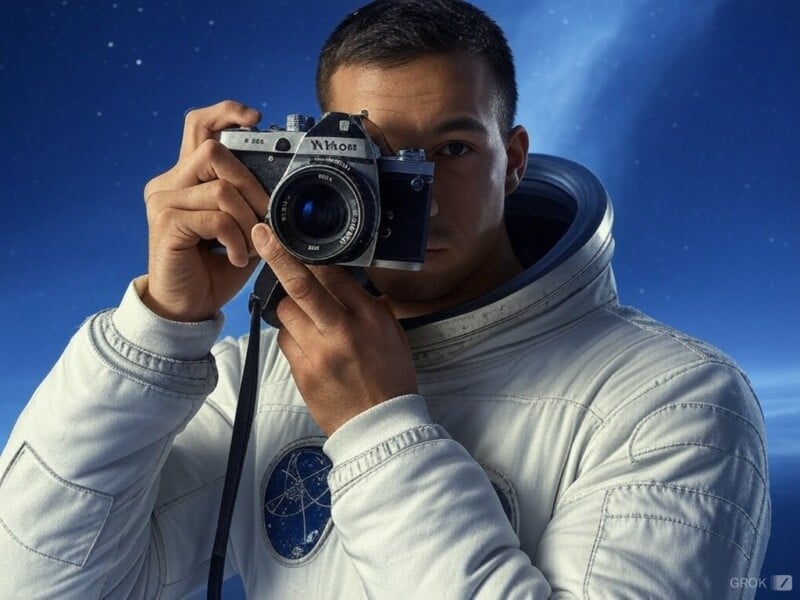 An astronaut in a white space suit holds and looks through a vintage camera against a backdrop of a starry sky.