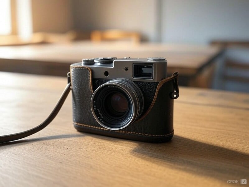 A vintage-style camera with a leather case sits on a wooden table in a softly lit room. The camera has a classic design with prominent lens and dials.