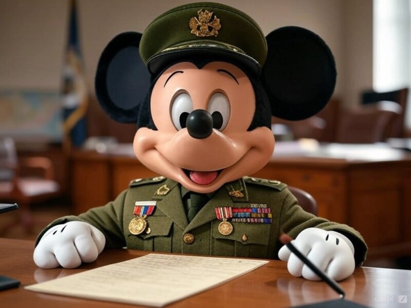 A cartoon character in a green military uniform sits at a wooden desk with a document. The character has large round ears, white gloves, and a cheerful expression, set in an office-like room with flags and a map in the background.