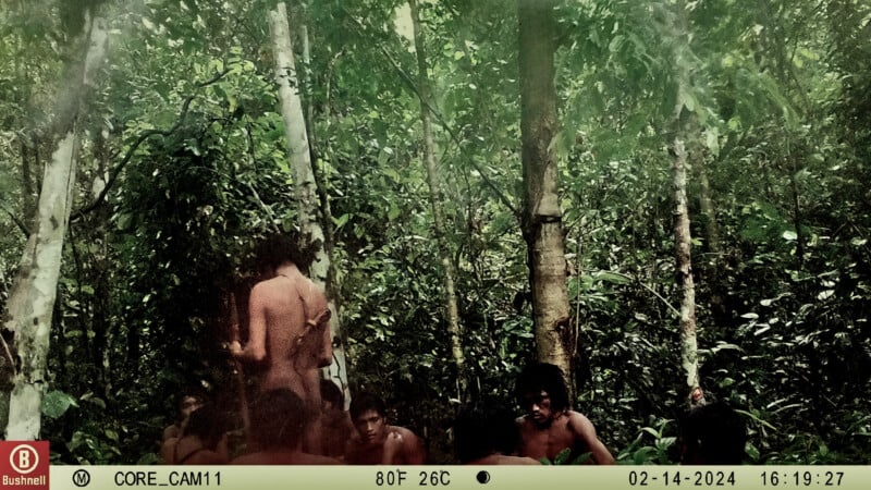 A group of people are gathered in a dense, lush forest setting. The image is timestamped February 14, 2024, with a temperature reading of 80°F (26°C). The environment is rich with tall trees and green foliage.