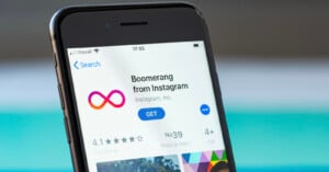 A smartphone screen displays the App Store page for "Boomerang from Instagram," featuring the app icon and a "GET" button. The app has a rating of 4.1 stars from 174 ratings and is categorized as photo and video.