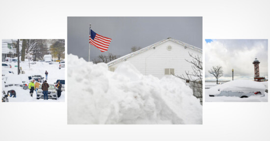 A collage showing heavy snowfall: on the left, workers shovel snow from vehicles; in the center, an American flag flies above snow-covered buildings; on the right, cars are buried under snow near a lighthouse.