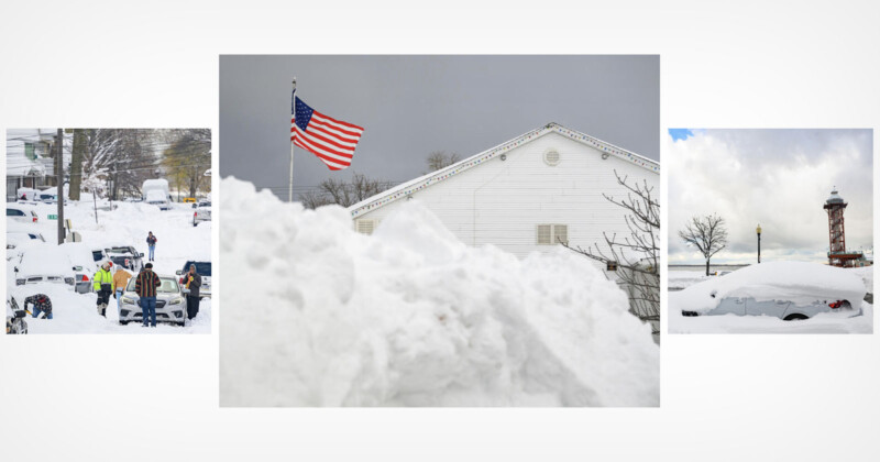  on the left, workers shovel snow from vehicles; in the center, an American flag flies above snow-covered buildings; on the right, cars are buried under snow near a lighthouse.