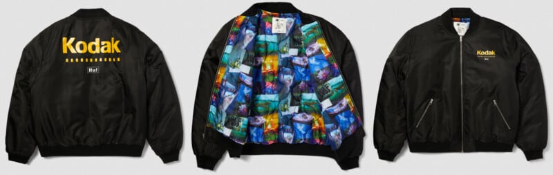 Three black jackets are shown. The first features "Kodak" on the back. The second jacket displays a colorful photo collage lining. The third jacket has a small "Kodak" logo on the front. All jackets have a classic bomber style.