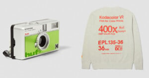 A vintage-style camera with a green and white design on the left. On the right, a gray sweatshirt features a retro film branding print in orange, resembling old Kodak film packaging, with large "400x" and film details.