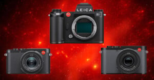 Three different Leica cameras are displayed against a vivid red cosmic background.