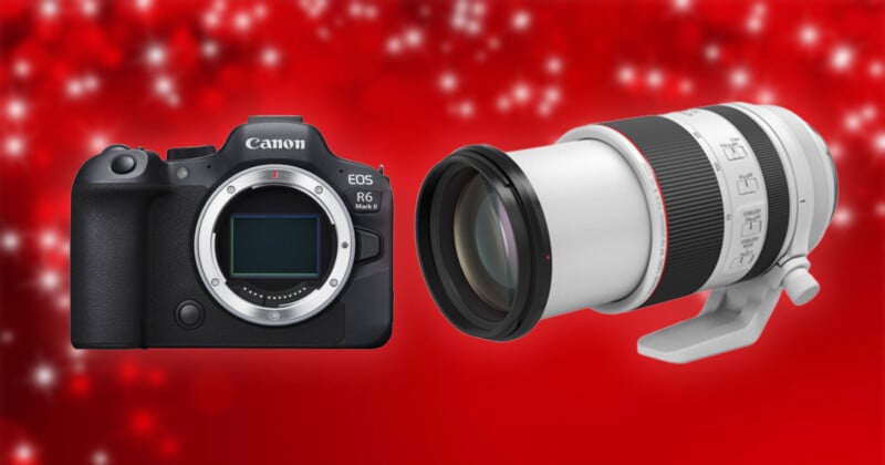 A Canon EOS R6 Mark II camera body is displayed alongside a large detachable lens on a red background with white bokeh lights.