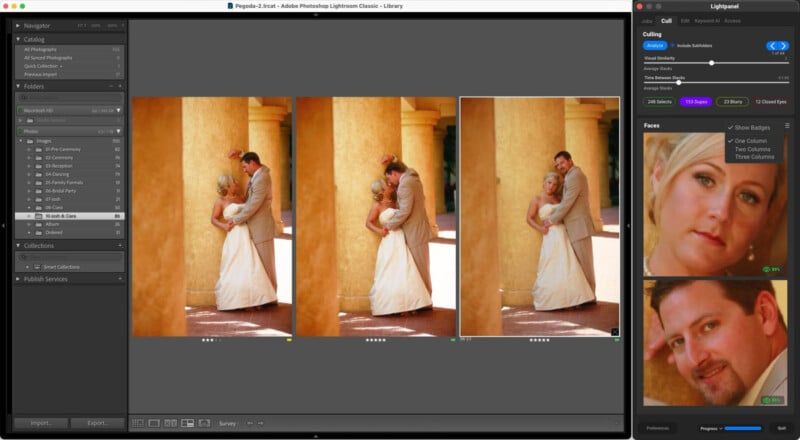 A computer screen displays Adobe Lightroom with three side-by-side wedding photos of a couple embracing by a column. The right panel highlights facial recognition tools, showing close-ups of the couple's faces.