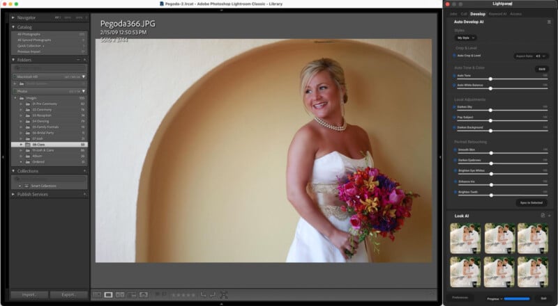 A bride in a white strapless gown and pearl necklace holds a colorful bouquet, smiling while standing in front of a warm-toned, curved alcove. The Adobe Lightroom interface surrounds the image.