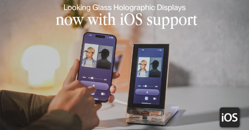 A person interacts with a smartphone and a tabletop holographic display. The devices show identical interfaces with photo editing controls. Text reads, "Looking Glass Holographic Displays now with iOS support.