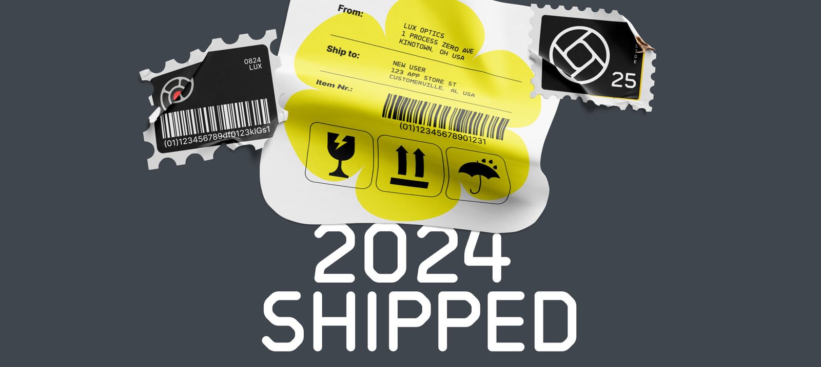 A stylized image of two postage stamps and a shipping label displaying barcodes and icons, set against a dark background. The text "2024 SHIPPED" is prominently displayed at the bottom.