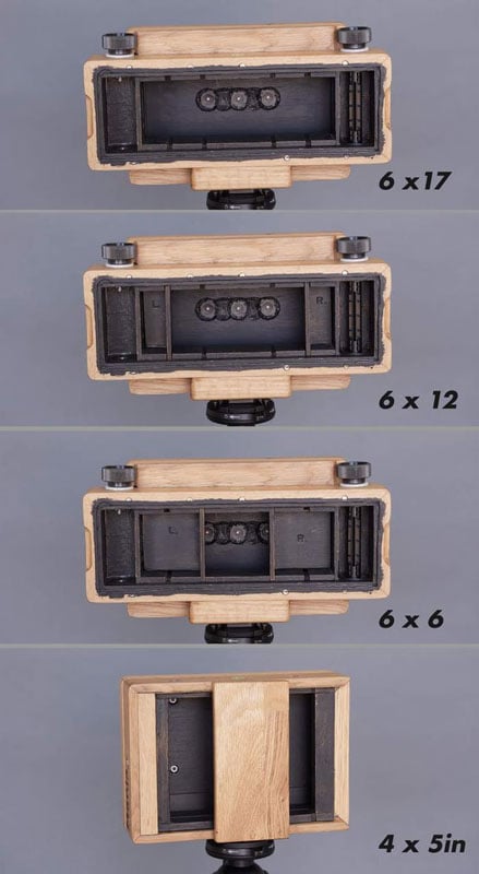 Four images of a wooden pinhole camera with different film formats: 6x17, 6x12, 6x6, and 4x5 inches. Each image shows the camera from above, displaying the interior and the film slot dimensions.