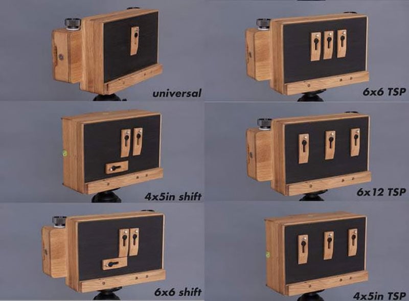 Six wooden pinhole cameras are displayed in two rows, showcasing different formats: universal, 6x6 TSP, 4x5in shift, 6x12 TSP, 4x5in TSP, and 6x6 shift. Each camera has a unique design with varying numbers of knobs and sliding mechanisms.