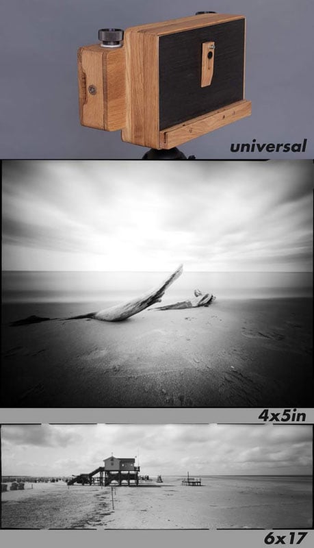 A wooden pinhole camera is shown at the top, labeled "universal." Below, two black-and-white photos: one of a driftwood piece on a beach labeled "4x5in," and another of a seaside structure labeled "6x17.