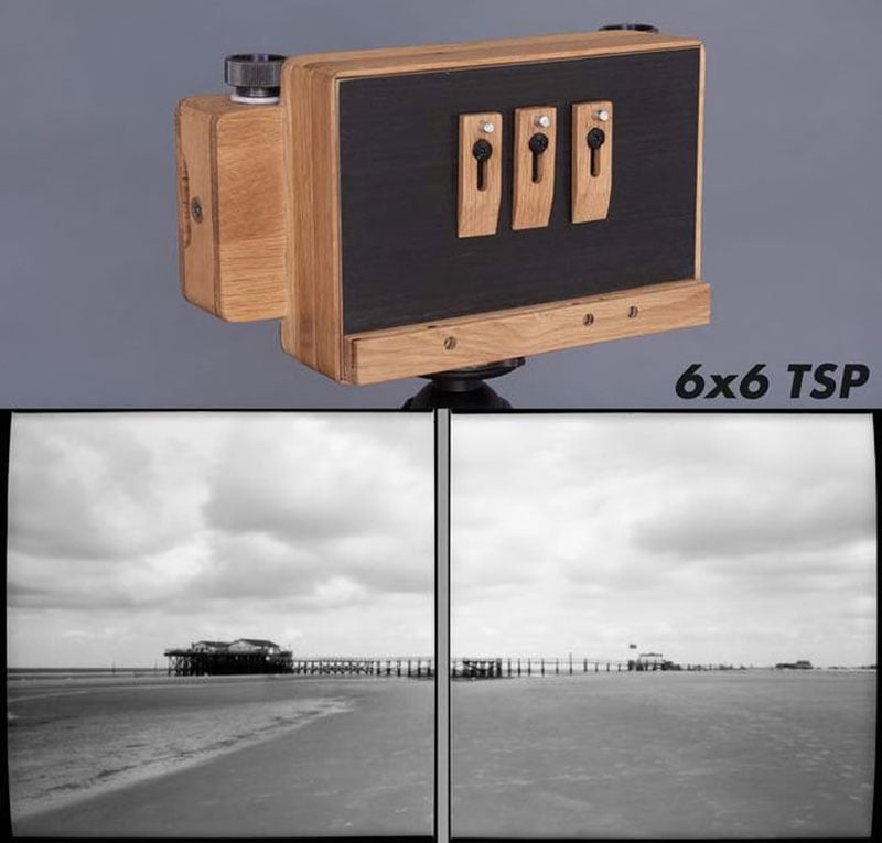 A wooden pinhole camera with three knobs is shown above two black and white photos of a pier extending into the sea under a cloudy sky. Text reads "6x6 TSP.