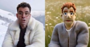 A man wearing glasses and a white fur coat stands in a snowy landscape on the left. On the right, a puppet resembling him is posed in a field of flowers.