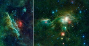 A vibrant cosmic scene displays colorful clouds of interstellar gas and dust in green, red, and yellow hues, surrounded by a multitude of bright stars against a deep space background.