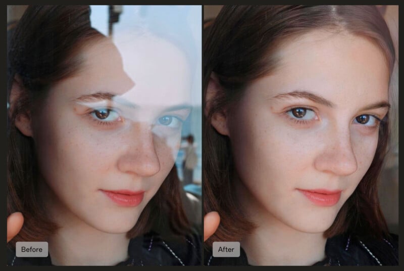 A side-by-side comparison of a woman's face. The left is labeled "Before," with the photo taken through glass showing reflections. The right is labeled "After," with the reflection removed, revealing clear skin and features.