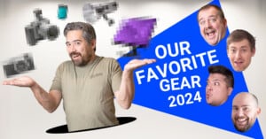 A man stands with hands open, surrounded by floating camera gear with pixelated faces. A blue triangular banner reads "Our Favorite Gear 2024," featuring four other men's floating heads on the right.