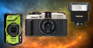 A Pentax WG-8 waterproof camera, a classic Pentax film camera, and a Pentax external flash are displayed against a colorful, cosmic background of stars and nebulas.