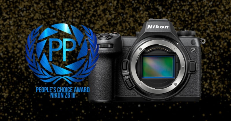 A Nikon Z6 II camera is displayed against a dark background with golden speckles. To the left, a blue laurel wreath logo with "PP" in the center reads "People's Choice Award Nikon Z6 II.