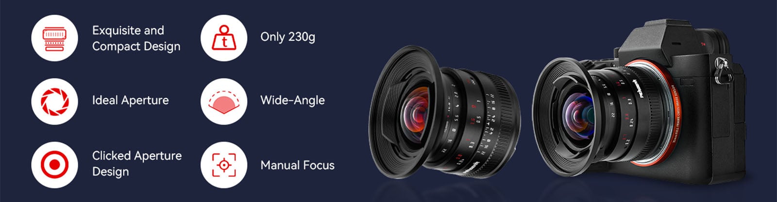 Image of a camera with two large lenses. Text highlights features: "Exquisite and Compact Design," "Only 230g," "Ideal Aperture," "Wide-Angle," "Clicked Aperture Design," and "Manual Focus." Red and white icons accompany each feature.