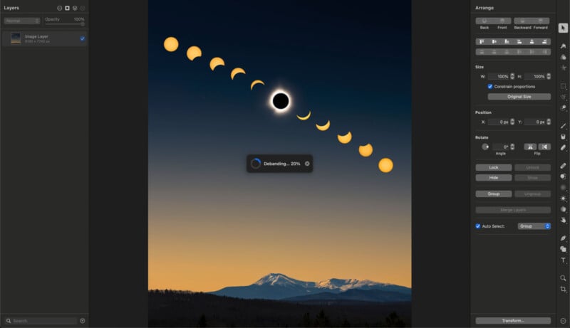 A digital artwork showing the stages of a solar eclipse arranged in an arc across the sky. The sequence starts with the sun, progresses through various phases, and culminates in a total eclipse. A mountain landscape is visible at the bottom.