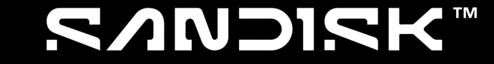 The image shows the SanDisk logo on a black background. The text "SanDisk" is written in stylized, bold white letters, with the "S" and "D" distinguished by their unique font design.