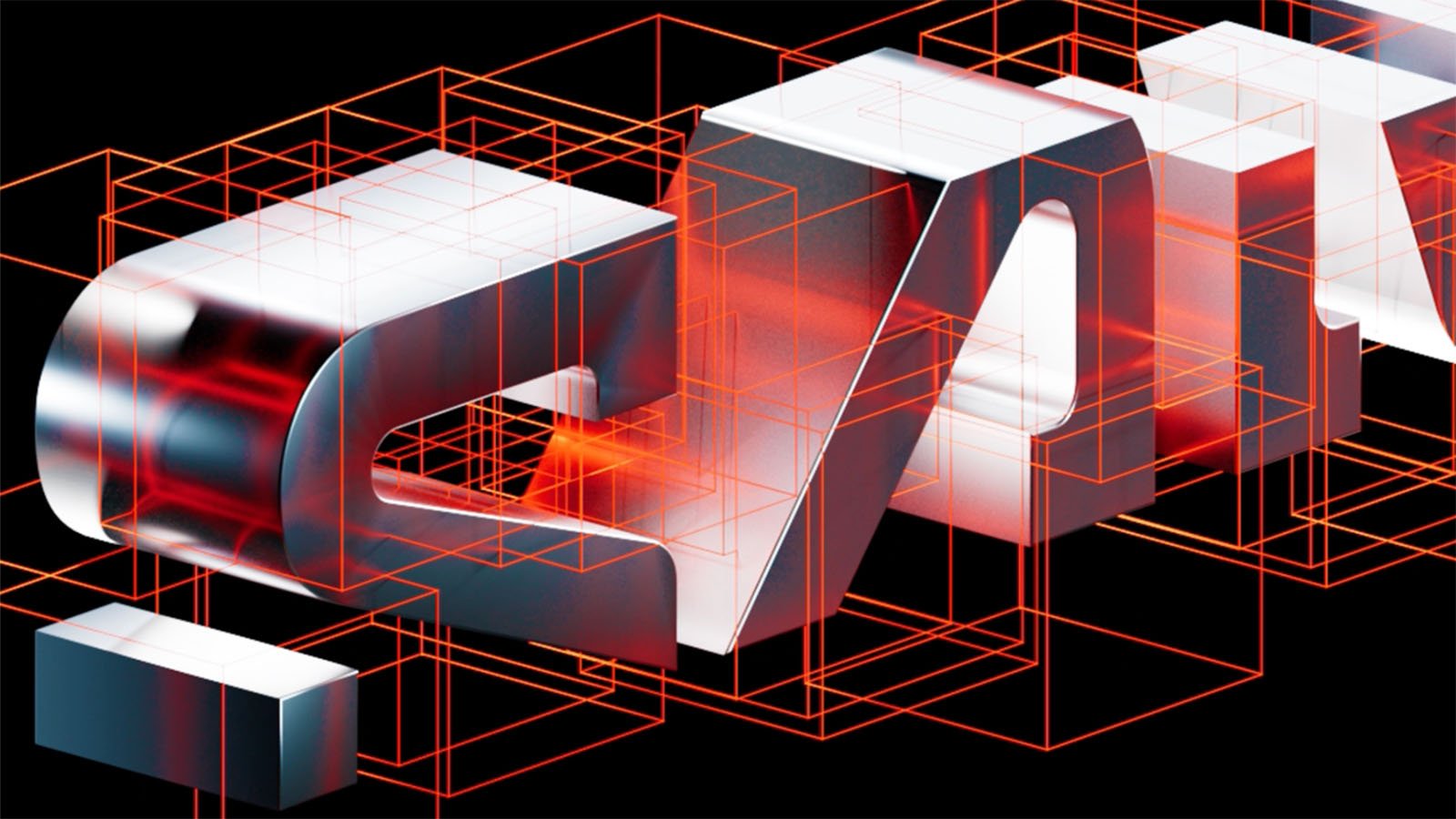 A 3D abstract artwork features metallic, reflective letters forming an acronym or word. Red glowing grid lines intersect and wrap around the letters, set against a dark background.