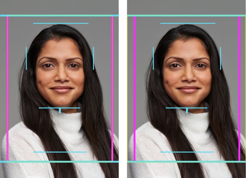 A woman with long brown hair and a white turtleneck is shown in two side-by-side portraits with digital alignment guides. She has a neutral expression and visible dimples on her left cheek. The background is gray.