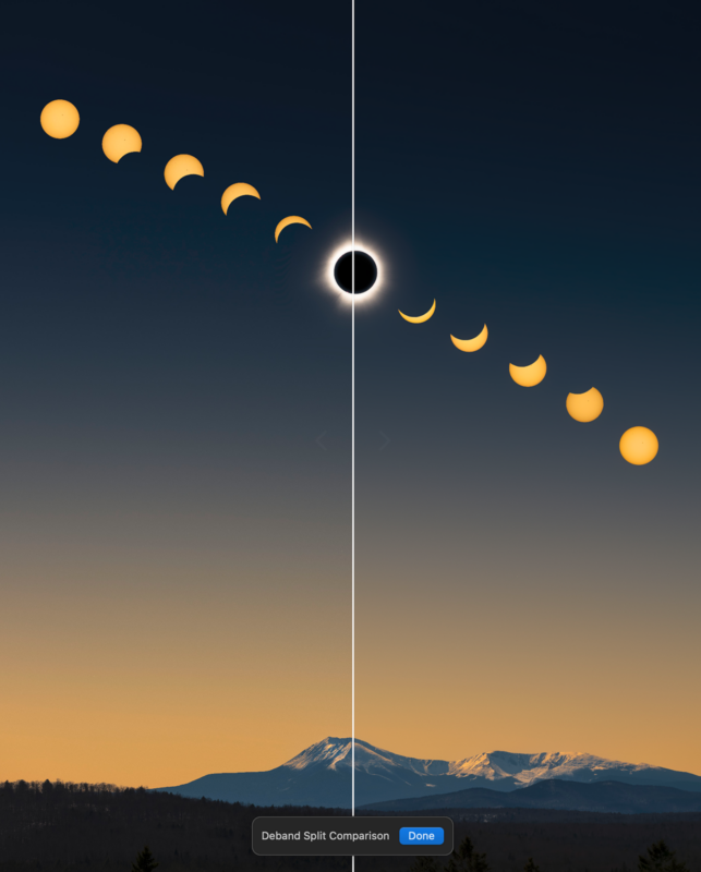 Composite image of a solar eclipse sequence against a twilight sky. The phases of the eclipse form an arc over a mountain landscape, with a day-to-night transition line splitting the image vertically.