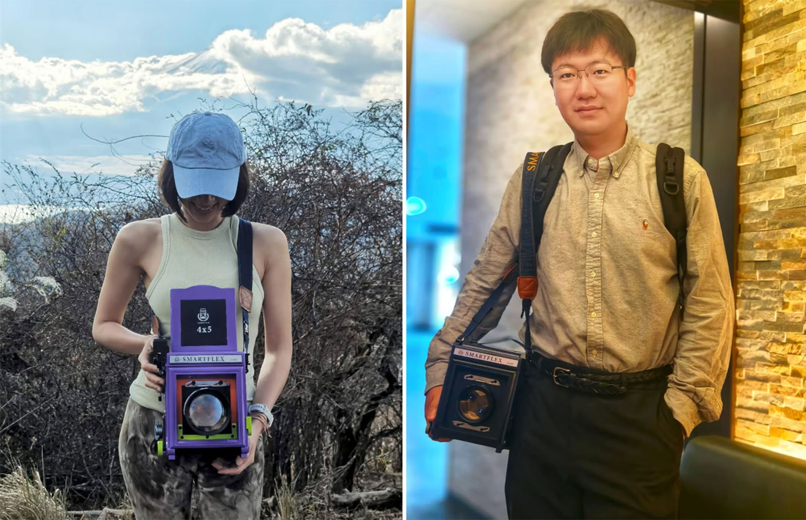 A woman outdoors and a man indoors each holding a large camera. The woman wears a blue cap and beige top, standing in front of a cloudy sky and bushes. The man wears glasses, a light shirt, and a shoulder bag in a room with a textured wall.