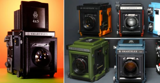 Split image: Left shows a black large-format camera with "Smartflex" branding and "4x5" on the lens. Right displays five colorful Smartflex cameras in orange, black, green, blue, and gray on shelves.