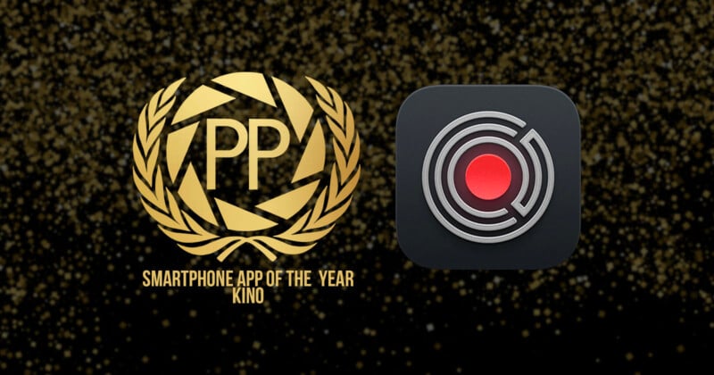 A gold laurel emblem with "PP" and "Smartphone App of the Year Kino" text next to a black square logo featuring circular designs and a red dot in the center. The background is speckled with gold particles.