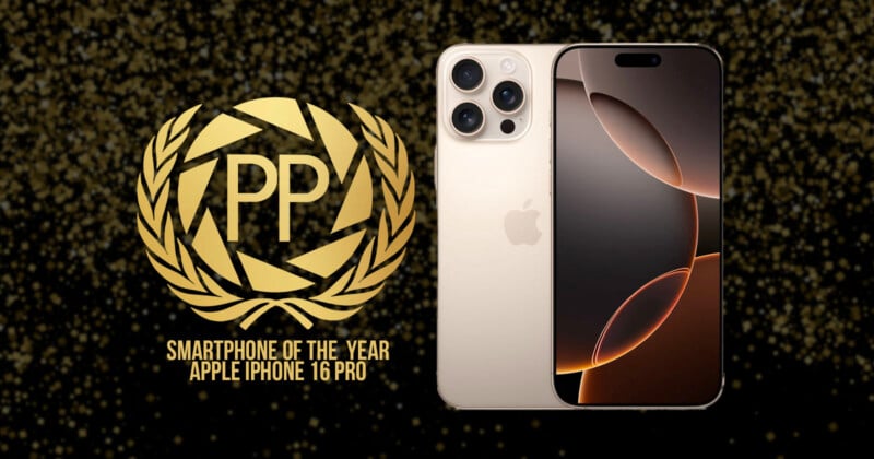 Gold iPhone 16 Pro displayed against a sparkling background. Beside it is a gold laurel symbol with the text "PP" in the center and "Smartphone of the Year Apple iPhone 16 Pro" below.