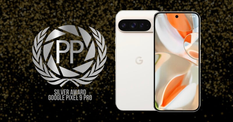 A silver award for the Google Pixel 9 Pro is displayed alongside the smartphone, which shows its front and back. The background features a dark, glittery pattern.