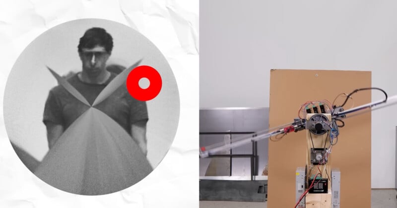  on the left, a person stands in a grayscale photo with graphic elements overlaid, featuring a red circle; on the right, a mechanical device with wires and a long arm is positioned against a neutral backdrop.