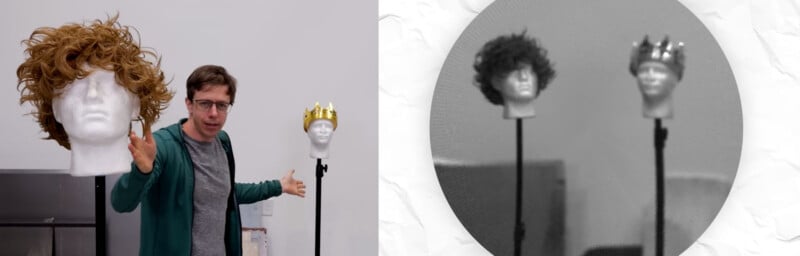 A person with glasses gestures towards two mannequin heads on stands, one with a curly wig and the other with a crown. On the right, a blurred circular cutout shows the same heads from a different angle.