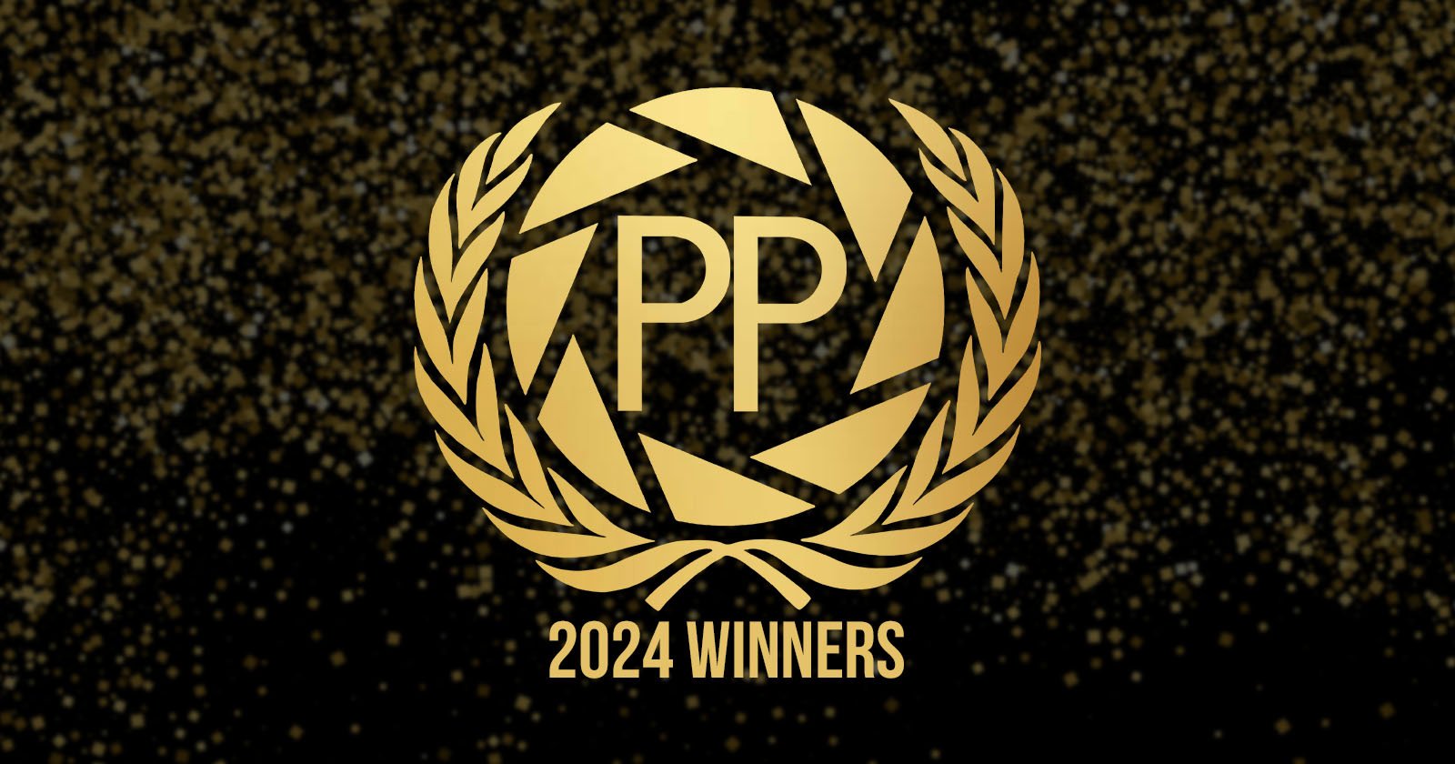 Gold laurel wreath with "PP" in the center on a glittery black background. Below, the text reads "2024 Winners.